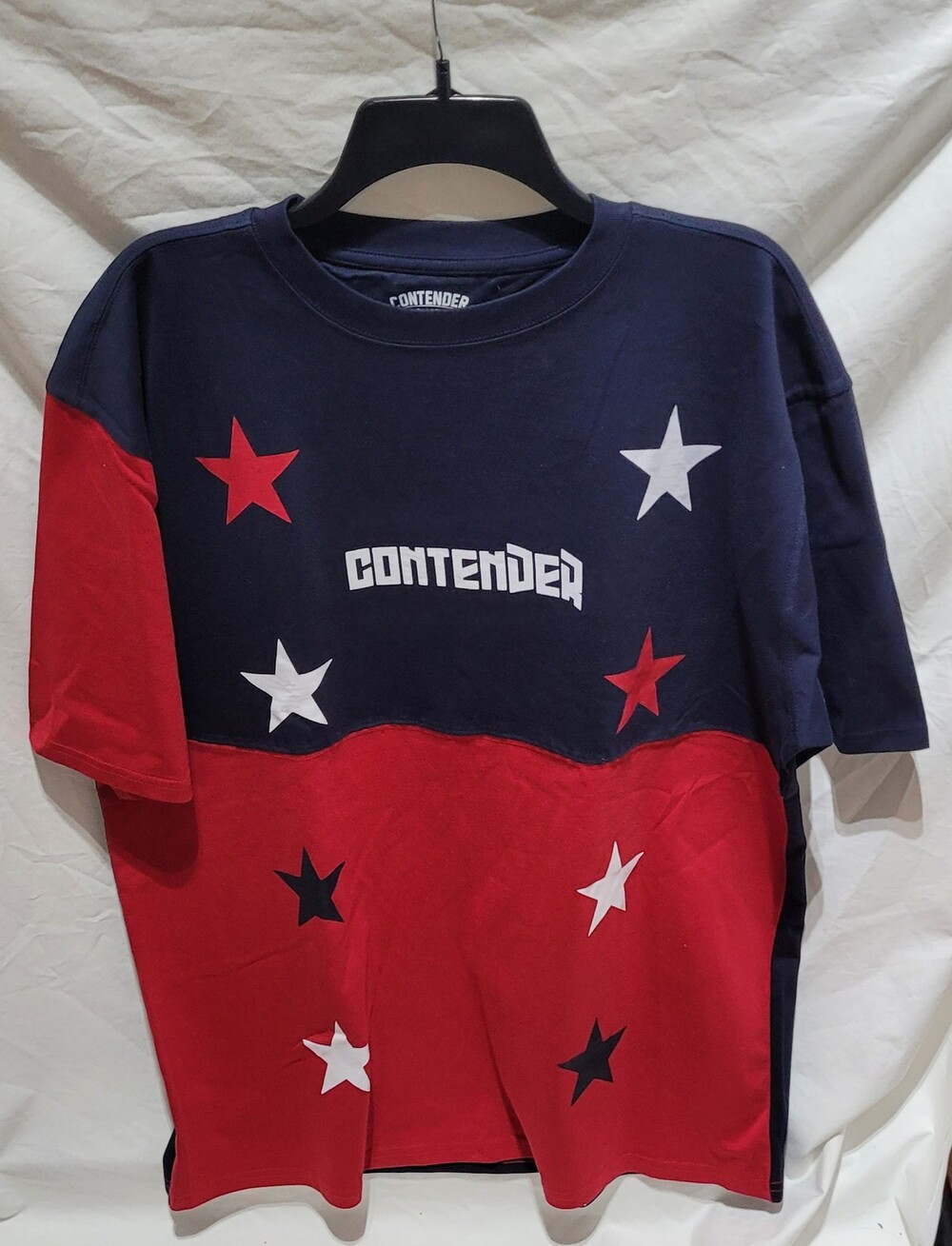 Contender Shirt Mens XL Navy Red Star Graphic All Over Print Patriotic Crewneck